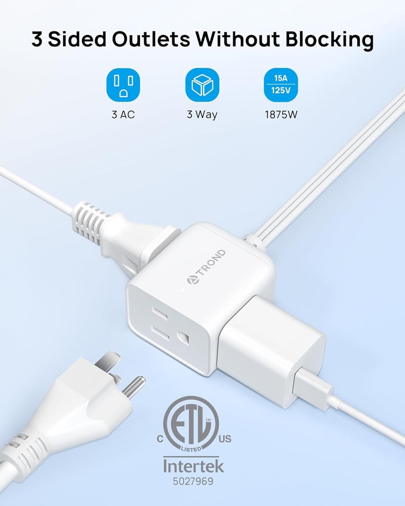 TROND Flat Outlet Extender with 6 Inch Cord - ETL Listed Flat Plug Extension Outlet Splitter Adapter, Electrical 3 Way Multi Wall Plug Extender for Home Office Dorm Room Cruise Ship Travel, White - Image 2